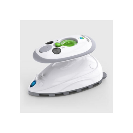 White handheld steam iron with control panel on a light gray background