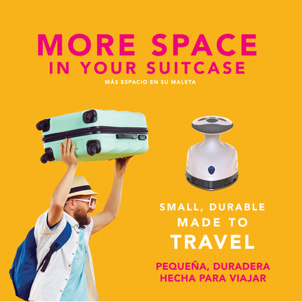 Person holding a suitcase with text about travel products on a yellow background