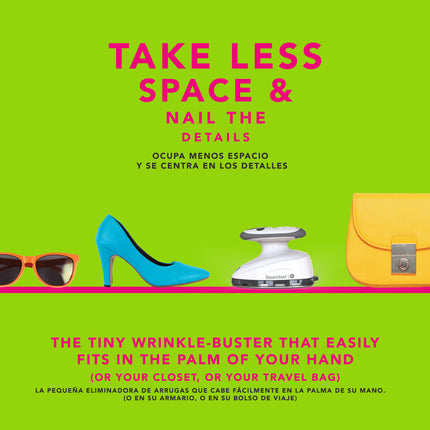 Promotional graphic with text 'Take Less Space & Nail the Details' on a green background with fashion items.