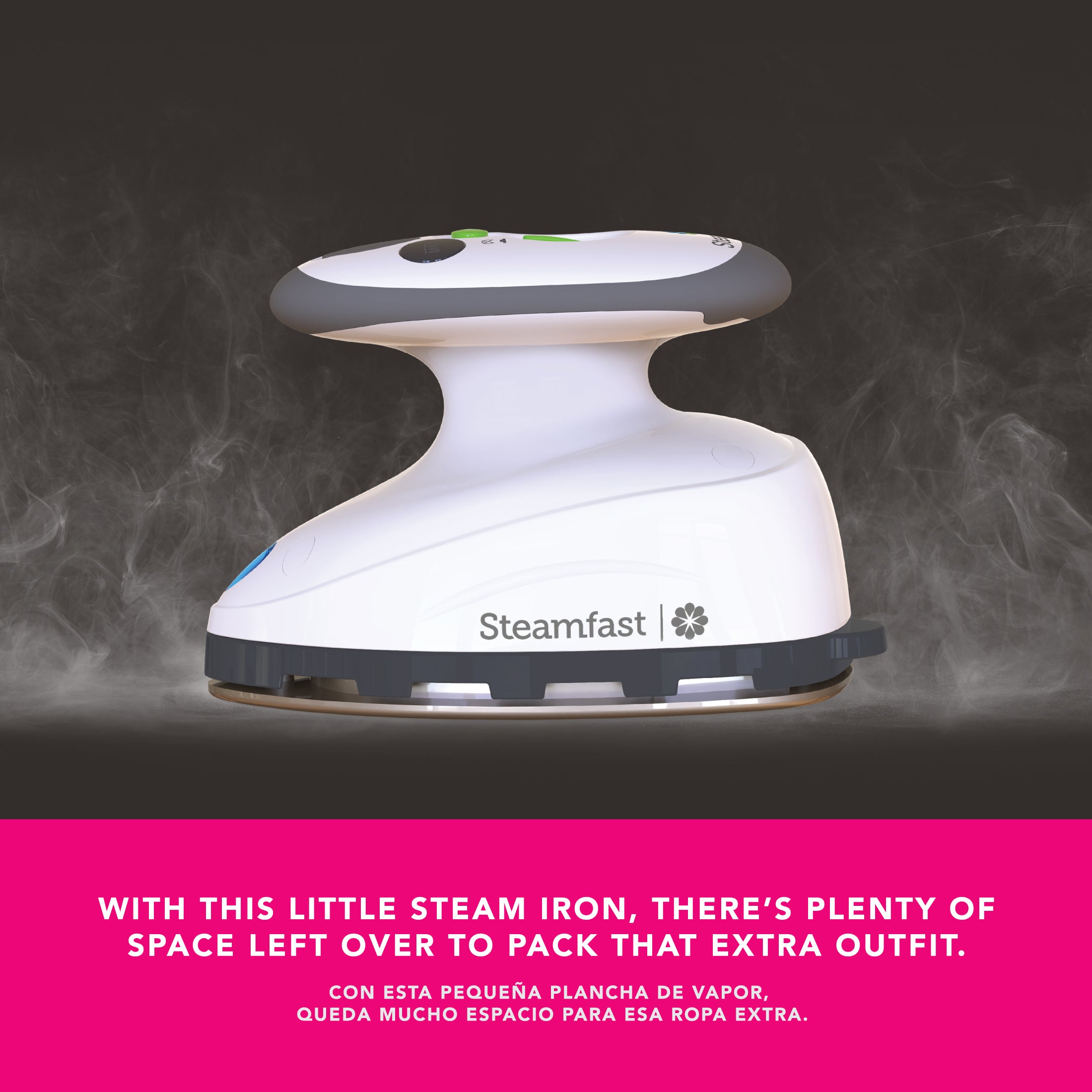 White steam iron with gray accents on a dark background with text about space for extra clothing.