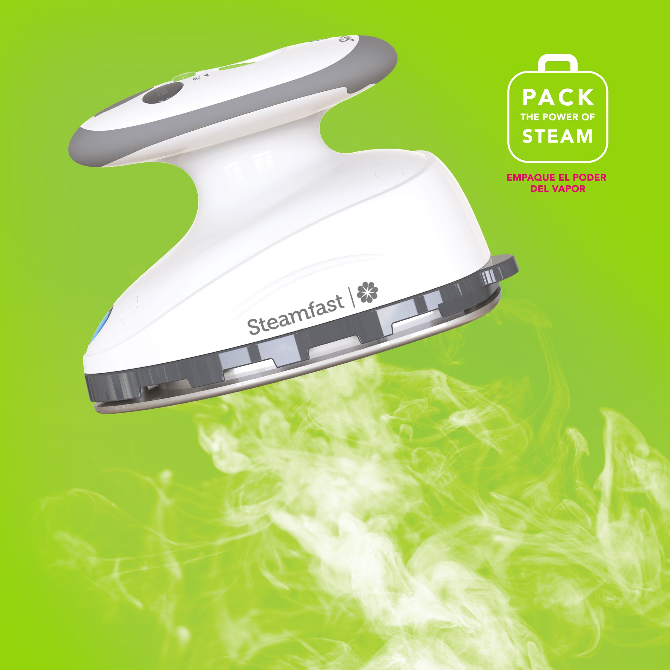 White handheld steamer with gray accents on a green background, featuring the Steamfast brand.