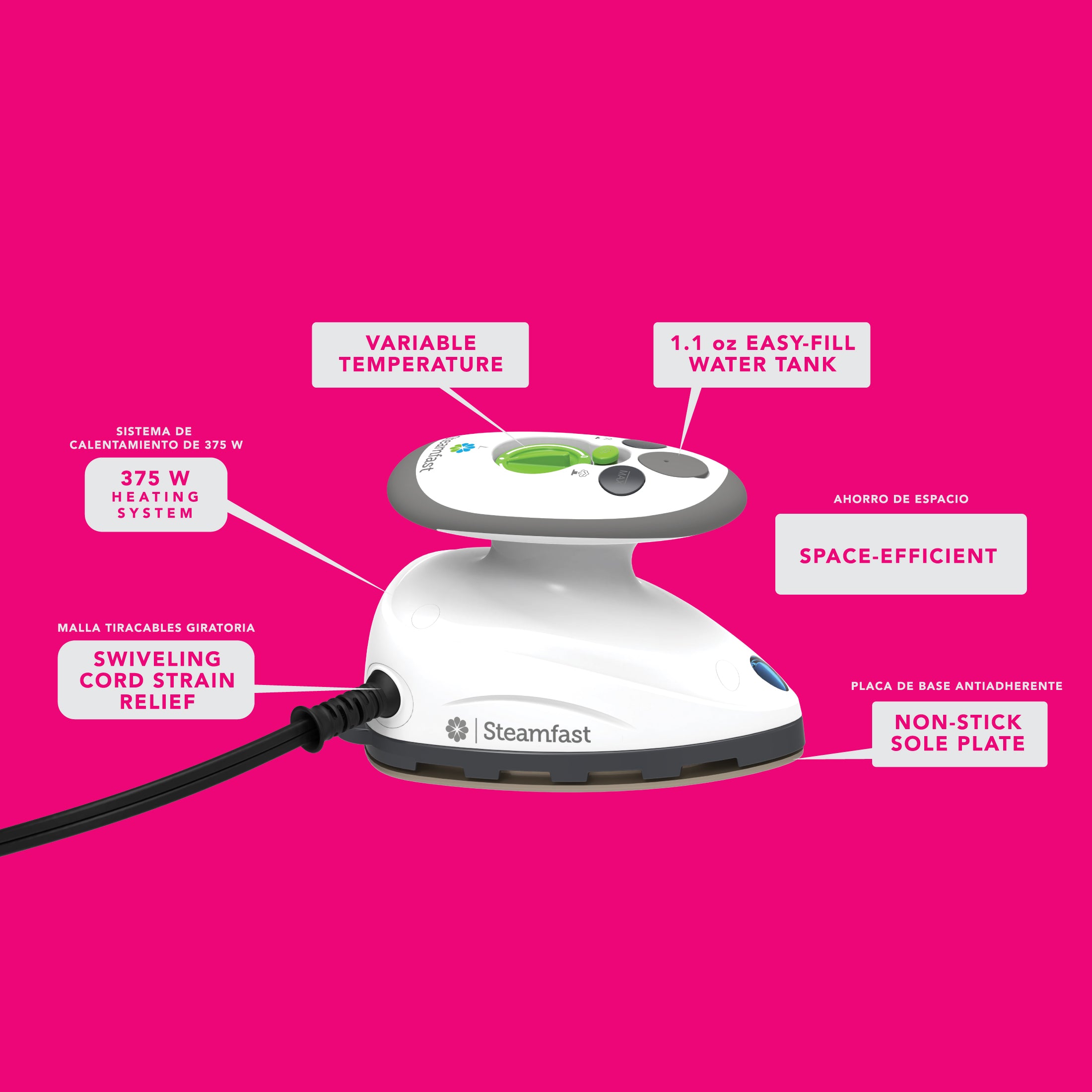White steam iron with features highlighted on a pink background