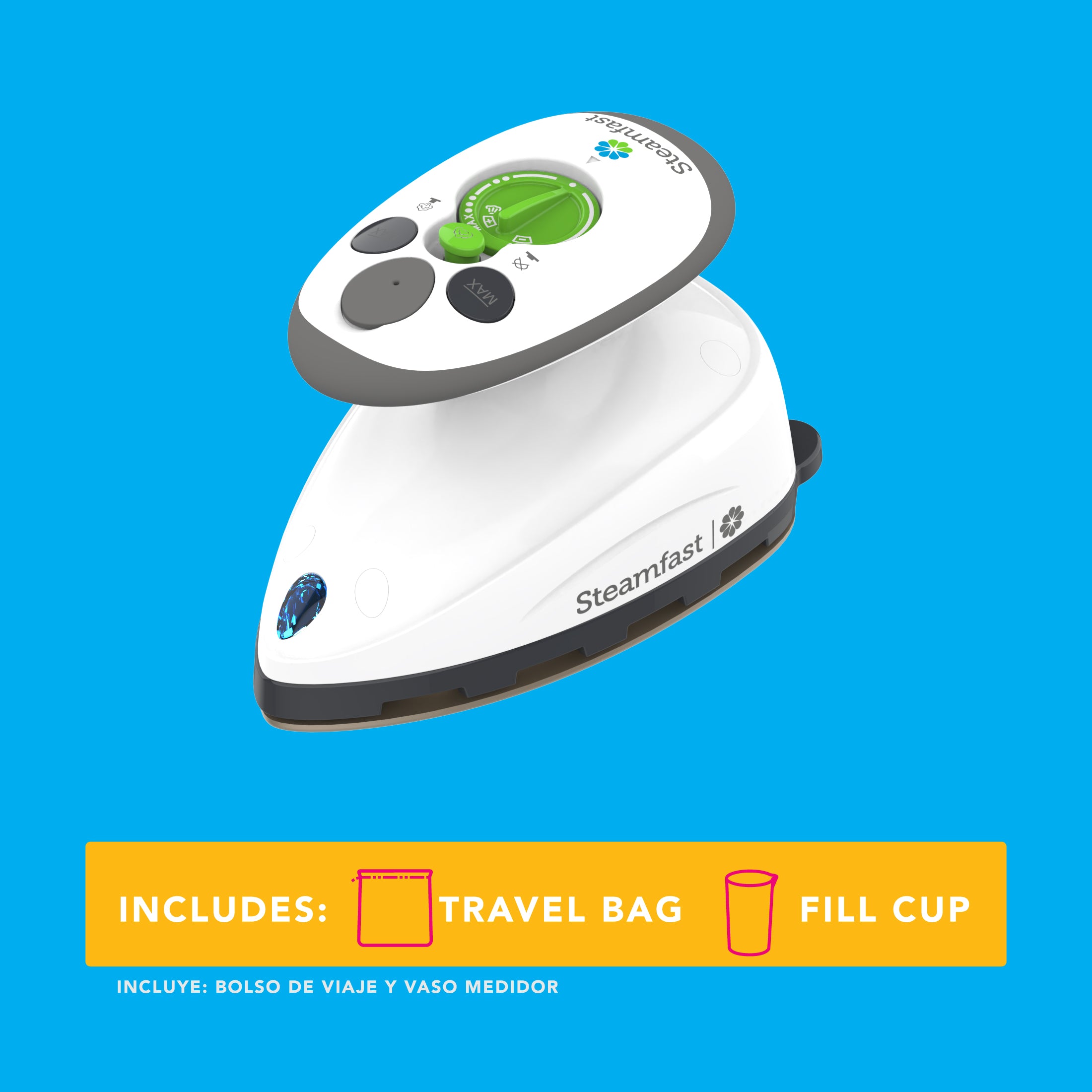 White handheld steam iron with green display on a blue background, featuring Steamfast branding.