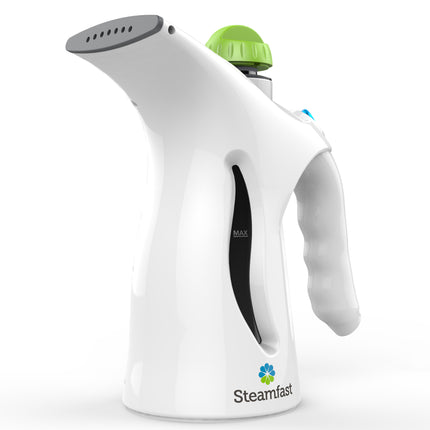 White handheld steamer with green top on a white background, featuring the Steamfast brand.