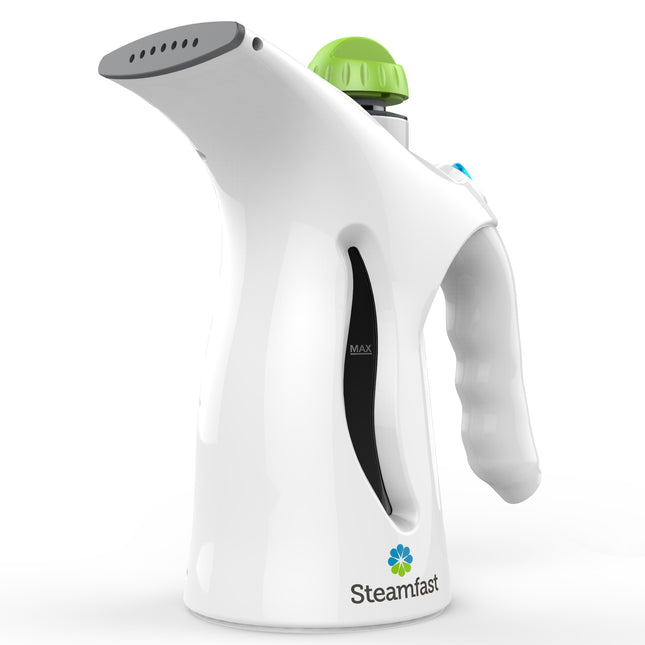 White handheld steamer with green top on a white background, featuring the Steamfast brand.