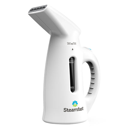 White handheld steamer with black control panel on a white background, featuring the Steamfast brand.