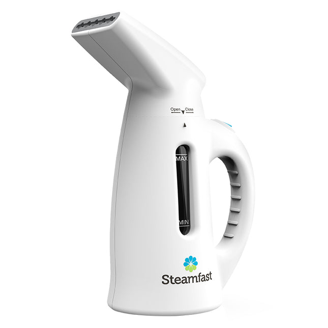 White handheld steamer with black control panel on a white background, featuring the Steamfast brand.