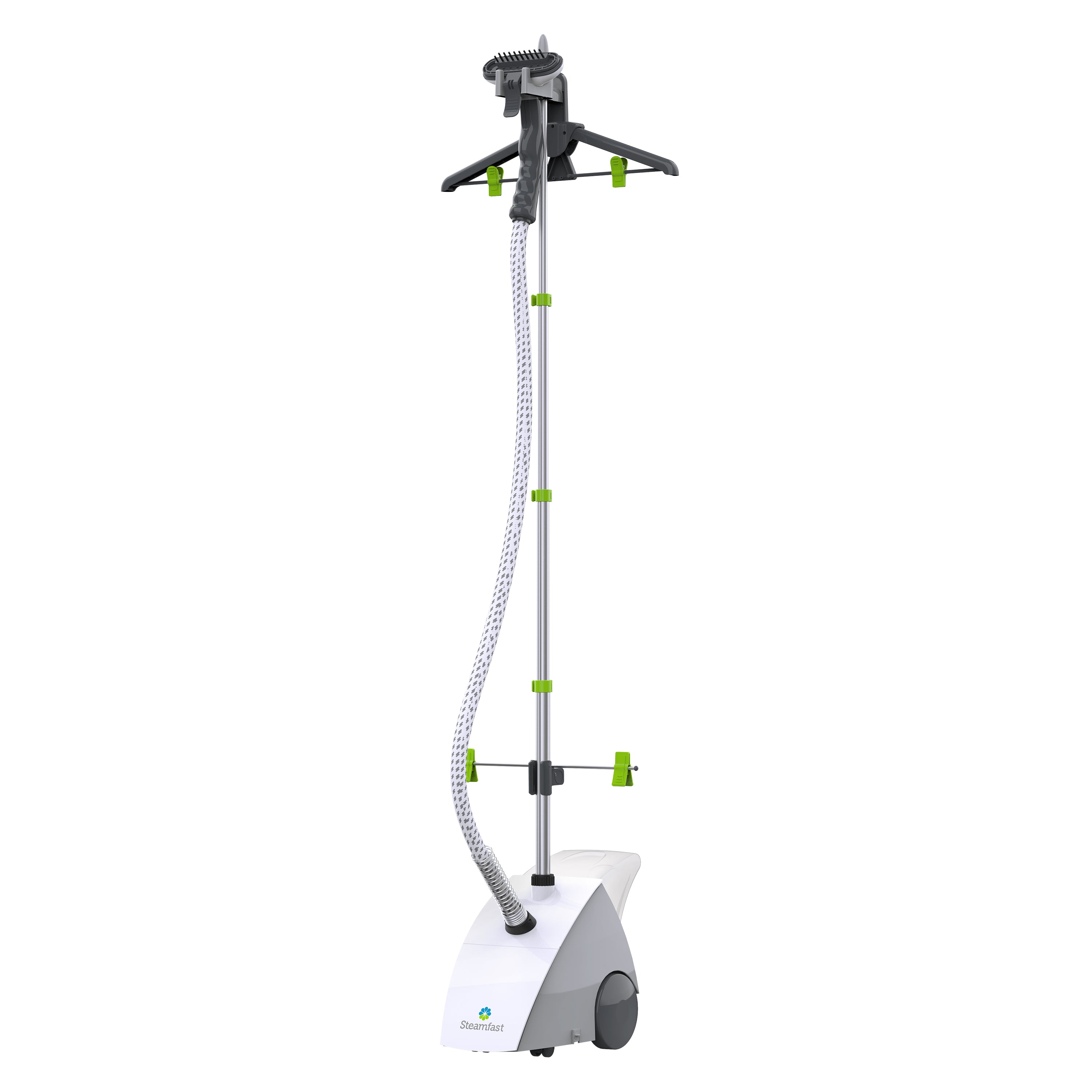 White garment steamer with green accents on a white background