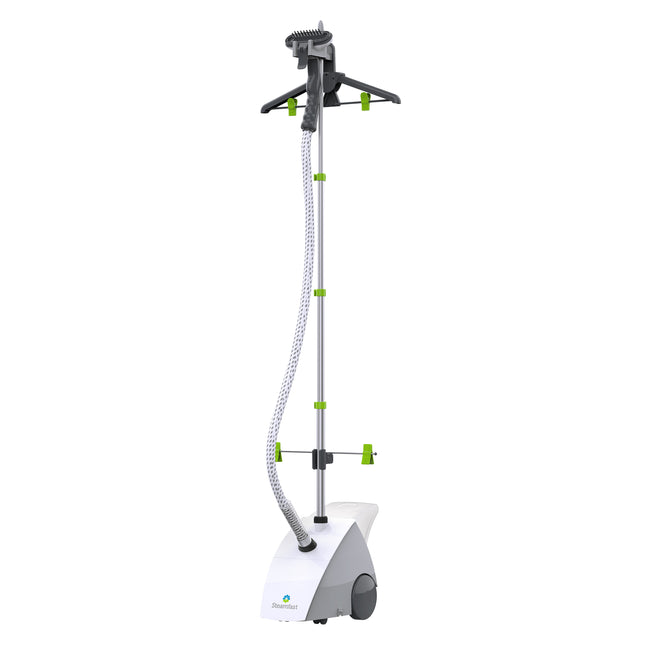 White garment steamer with green accents on a white background
