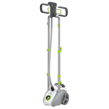 Gray and green handheld steamer stand on a white background