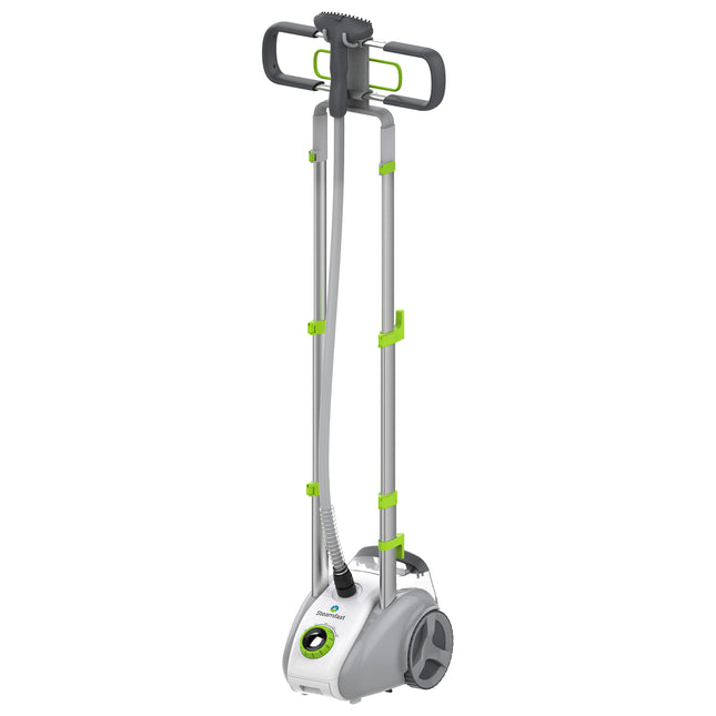 Gray and green handheld steamer stand on a white background