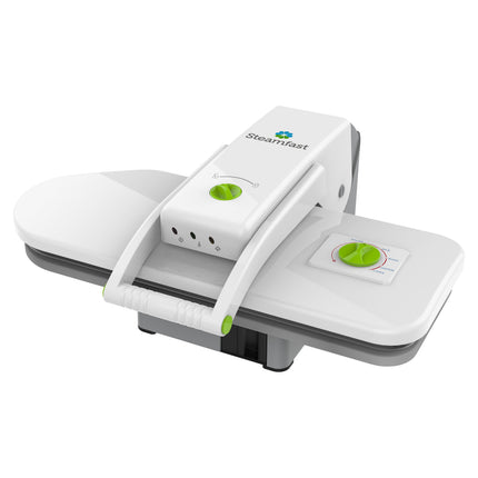 White and gray steam press with green accents on a white background
