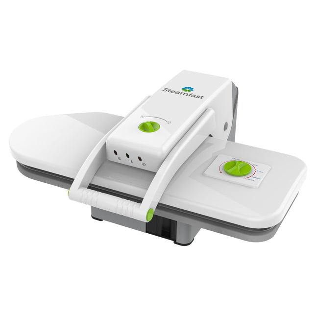 White and gray steam press with green accents on a white background