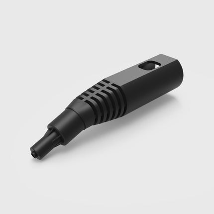 Black handheld device on a light gray background