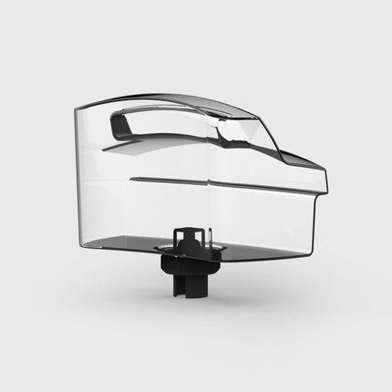 Clear plastic container with black base on a light gray background