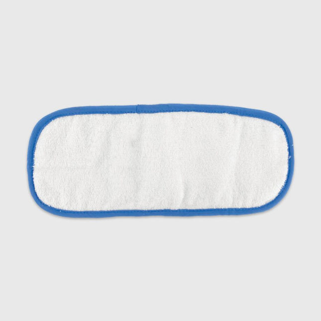 White microfiber cleaning pad with blue border on a light gray background