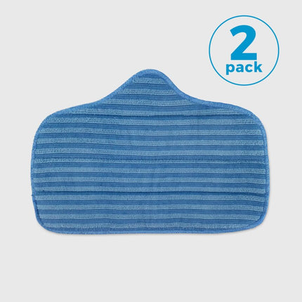 Blue microfiber cleaning pad with '2 pack' label on a light gray background