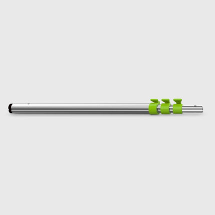 Silver telescopic pole with green connectors on a light gray background