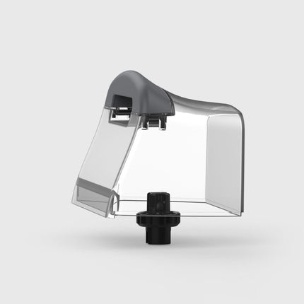 Clear plastic component with black fitting on a white background