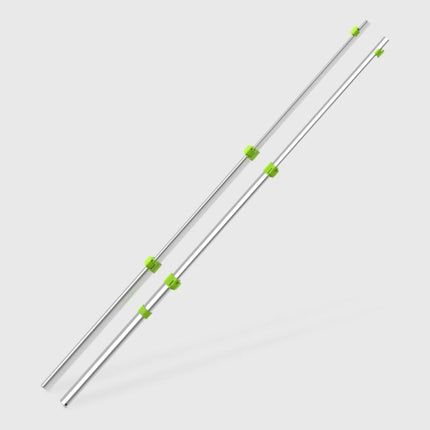 Two transparent rods with green clips on a light gray background