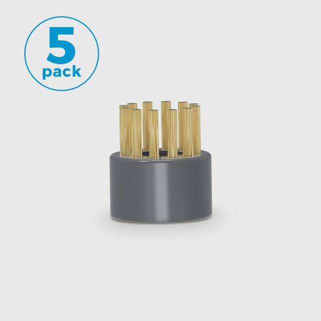 Gray nozzle with gold brushes and '5 pack' label on a light gray background