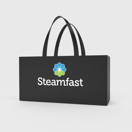 Black tote bag with Steamfast logo on a light gray background