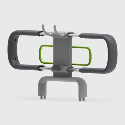 Gray and Green hanger attachment on a light gray background