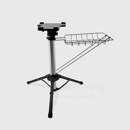Black and silver adjustable stand with a basket on a light gray background