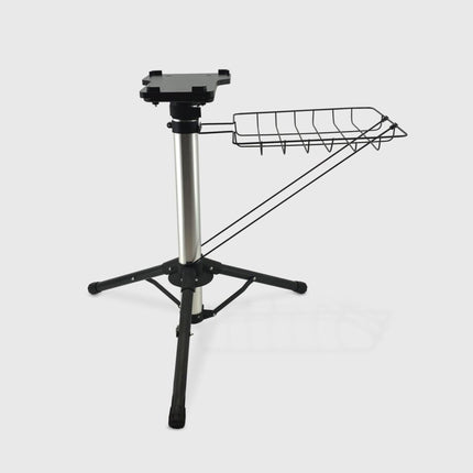 Black adjustable stand with a tray on a white background
