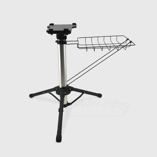 Black adjustable stand with a tray on a white background