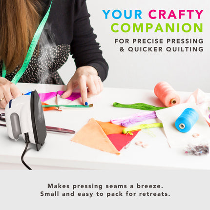 Person ironing fabric with text about a crafting tool for precise pressing and quicker quilting.