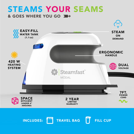 Steam iron with features listed on a white background
