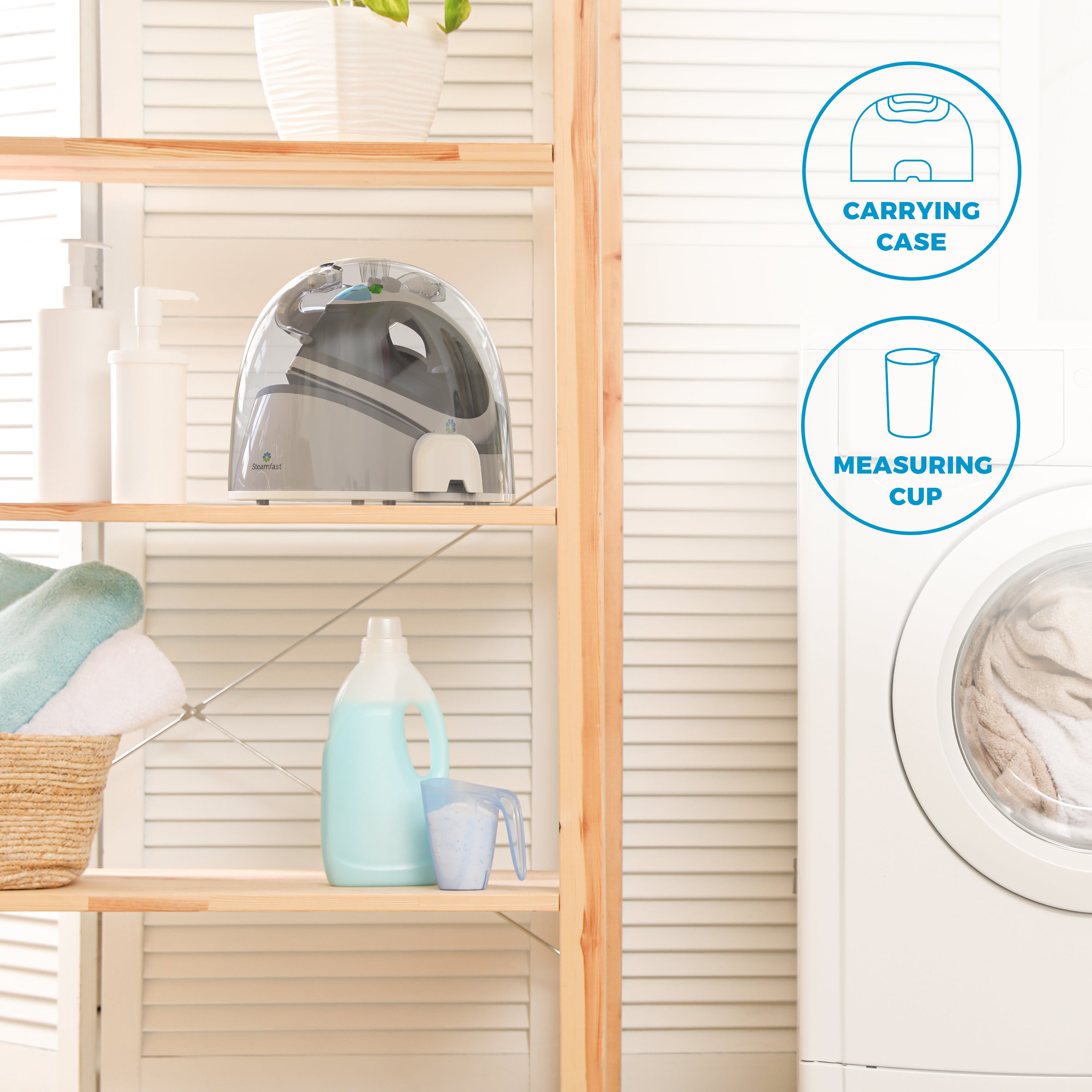 Laundry room with shelves containing an iron, detergent bottle, and measuring cup, with icons for carrying case and measuring cup on the right.