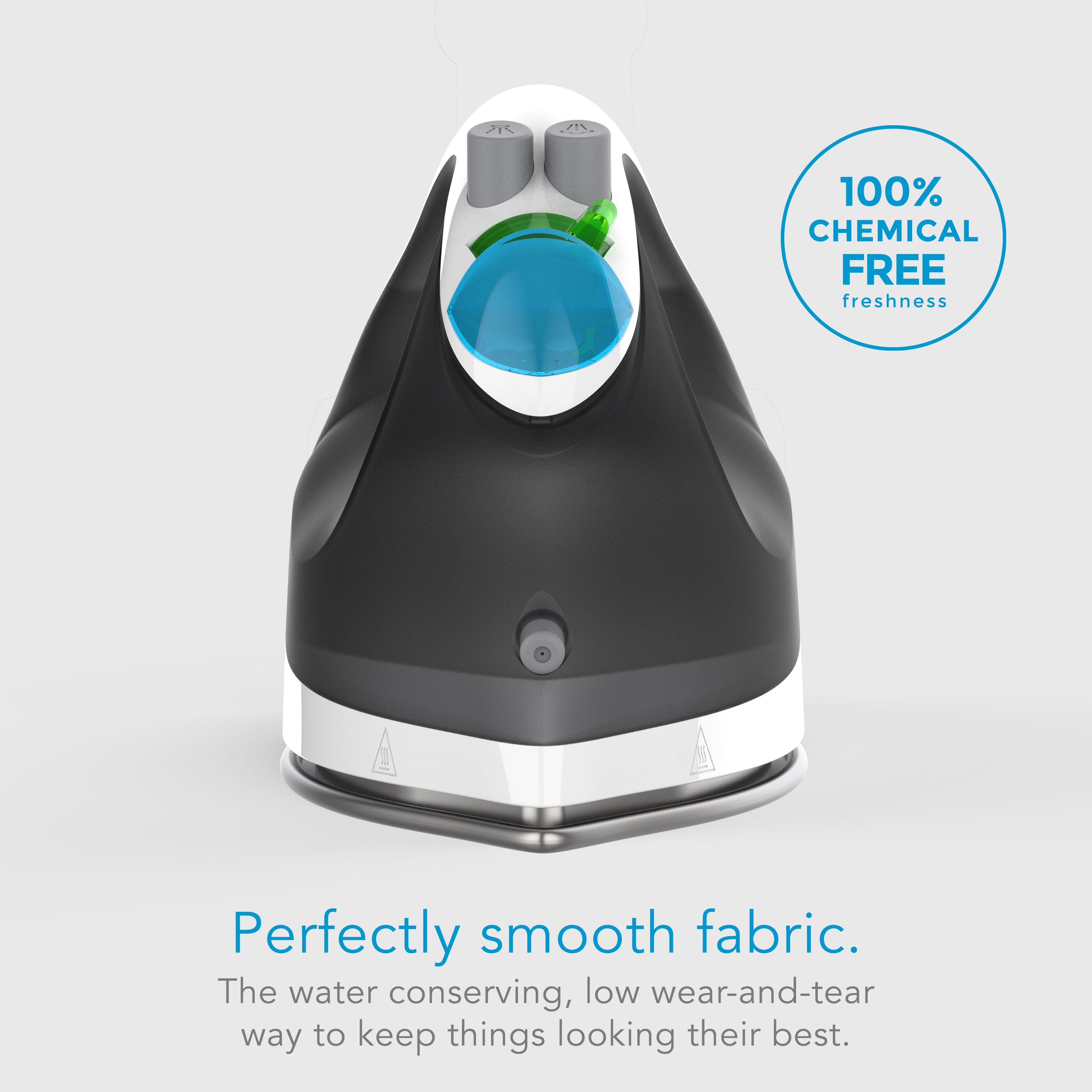 Fabric steamer with water reservoir and text about chemical-free freshness and smooth fabric.