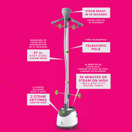 Garment steamer with features highlighted on a pink background