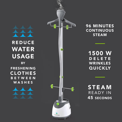 Steam cleaner with features highlighted on a dark background