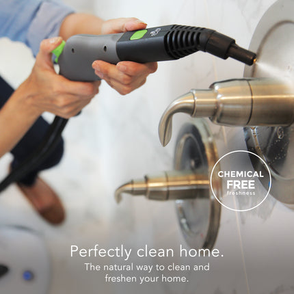 Person using a cleaning tool on a faucet with 'Chemical Free' and 'Perfectly clean home' text.