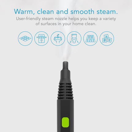 Steam nozzle with steam being emitted, surrounded by icons of cleaning surfaces on a light gray background.