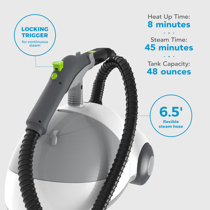 Steam cleaner with features highlighted on a white background
