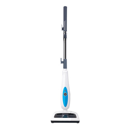 White and blue steam cleaner on a white background