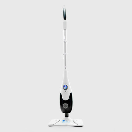 White and black steam cleaner on a light gray background
