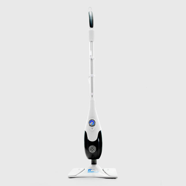 White and black steam cleaner on a light gray background