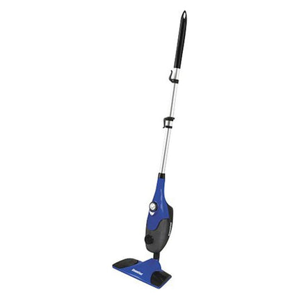 Blue and black steam cleaner on a white background