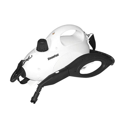 White handheld steamer with black accents on a white background, featuring the brand 'SteamFast'.