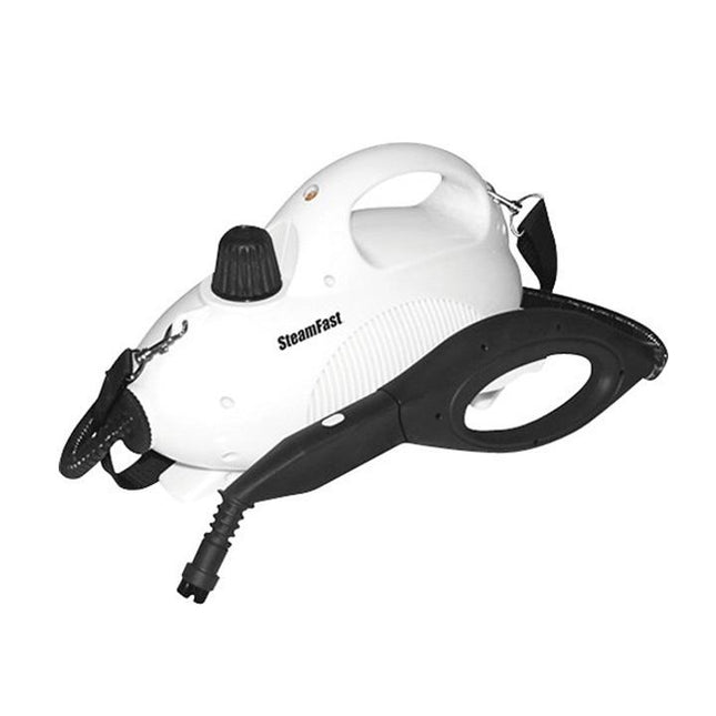 White handheld steamer with black accents on a white background, featuring the brand 'SteamFast'.