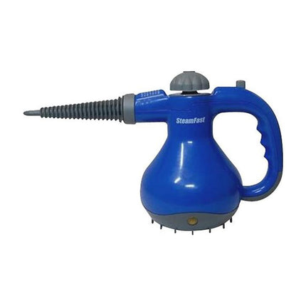 Blue handheld steamer with 'SteamFast' branding on a white background