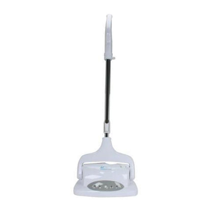 White floor cleaning machine with a black handle on a white background