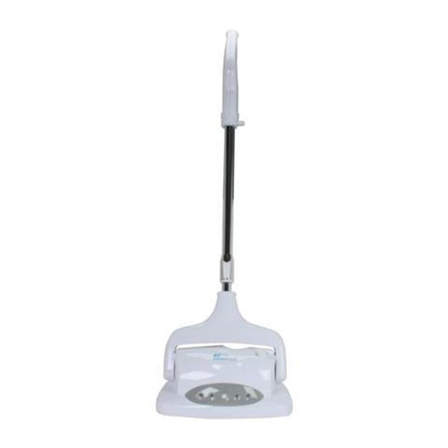 White floor cleaning machine with a black handle on a white background