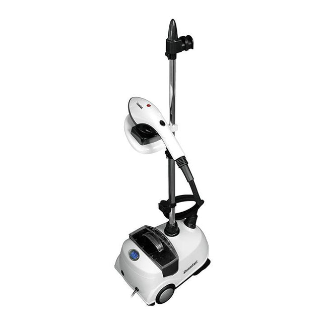 White and black vacuum cleaner on a white background