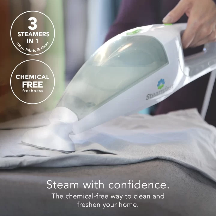 5 SF295 3-in-1 steam mop with supporting text: 3 Steamers in 1. Mop, farbic, and clean. Chemical free freshness. Steam with confidence. the chemical-free way to clean and freshen your home.